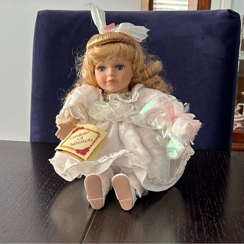 Collectors Choice Porcelain Doll in White Dress with Blonde Hair